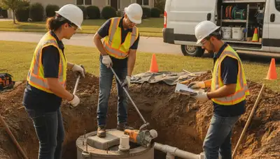 Pasadena, CA plumber inspecting septic repair equipment for a home service call