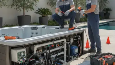 Spa repair technician servicing a Pasadena, CA home spa for reliable plumbing repair and inspection