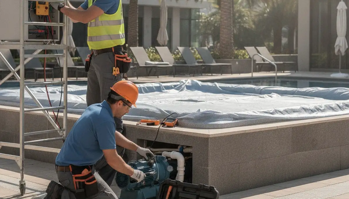 Pasadena, CA plumber inspecting spa repair equipment for a home service call
