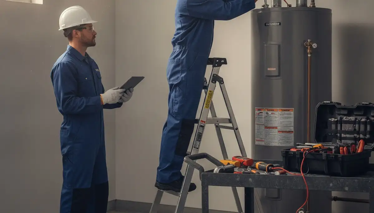Pasadena, CA plumber repairing a water heater for home service in a residential property